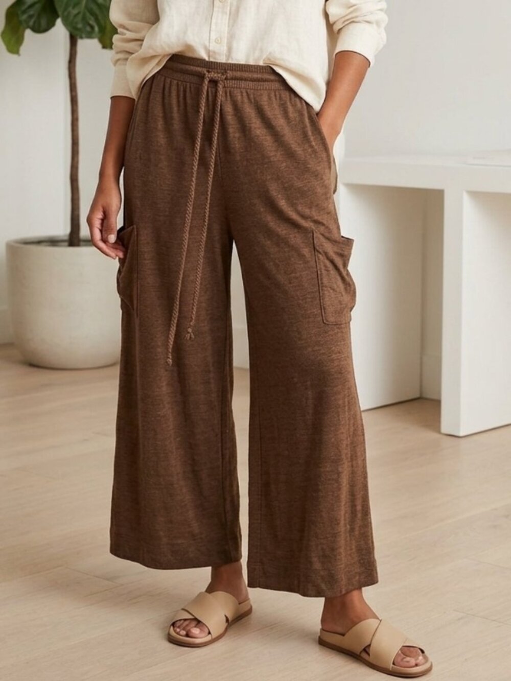 Nicole Miller Linen Pants Medium Brown Wide-Leg Pull-Ons with Pockets stretchy